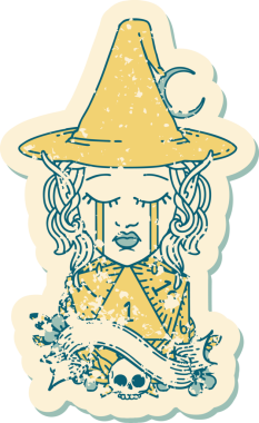 Retro Dövme Tarzı Ağlayan Elf Büyücüsü karakteri yüzü ve bir insan tarafından çizilmiş D20 rulosu