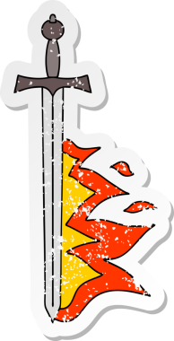 Bir insan tarafından çizilmiş garip bir el çıkartması çizilmiş yanan bir kılıç.