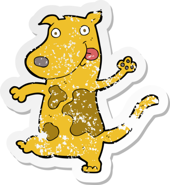 Bir insan tarafından çizilmiş mutlu bir köpeğin gerilmiş çıkartması.