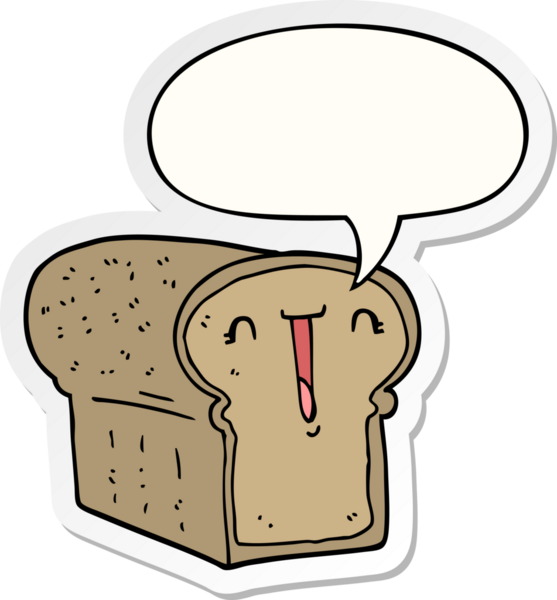 Bir insan tarafından çizilmiş baloncuk çıkartmalı tatlı bir ekmek karikatürü.