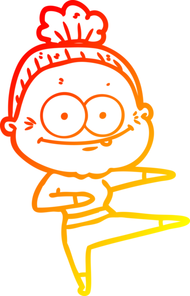 Bir insan tarafından çizilmiş mutlu, yaşlı bir kadının sıcak çizgi çizimi.