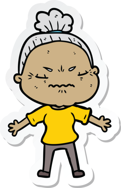 Çizgi film çıkartması. Bir insan tarafından çizilmiş yaşlı bir kadın.