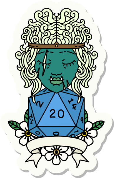 Bir insan tarafından çizilmiş doğal 20 zarlı yarı ork barbar bir karakterin çıkartması.