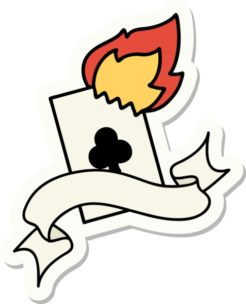 Bir insan tarafından çizilmiş yanan bir kartın pankartına sahip dövme stili çıkartması