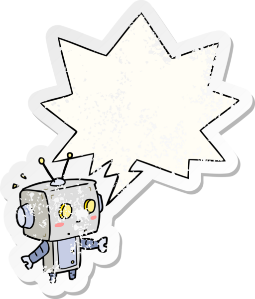 Tatlı çizgi film sürpriz robot konuşma baloncuğu bir insan tarafından çizilmiş sıkıntılı eski bir çıkartma