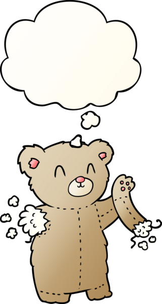 Yırtık kollu çizgi film ayıcığı. Düşünce baloncuğu insan tarafından çizilmiş.