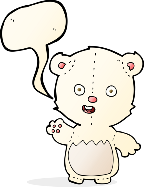 Bir insan tarafından çizilmiş konuşma balonlu kutup ayısı yavrusunu sallayan çizgi film.