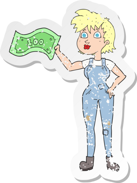 Bir insan tarafından çekilen parasıyla kendine güvenen bir çiftçi kadının karikatürünün gerilemiş yapıştırması.