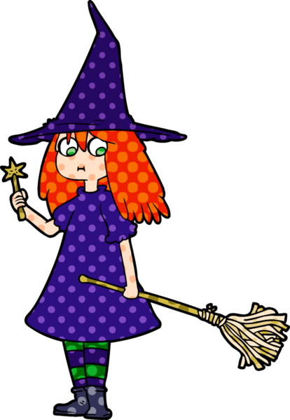 Bir insan tarafından çizilmiş süpürgeli cadı kız çizgi filmi.