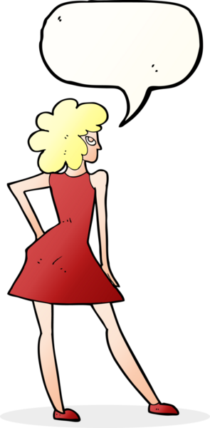 Bir insan tarafından çizilmiş konuşma balonuyla poz veren karikatür kadın.