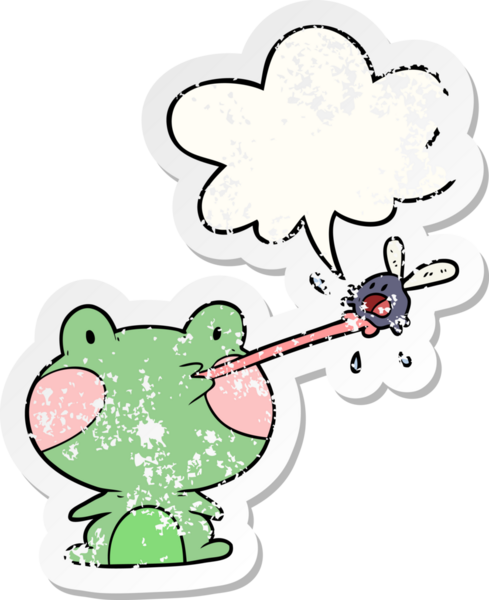 Tatlı kurbağa sineği konuşma balonuyla yakalıyor. Bir insan tarafından çizilmiş kederli eski bir çıkartma.