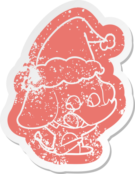 Bir insan tarafından çizilmiş Noel Baba şapkası takan bir fil desenli şirin çizgi film.