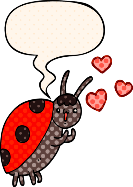 Bir insan tarafından çizilmiş çizgi roman tarzında konuşma baloncuğuna aşık tatlı uğur böceği.