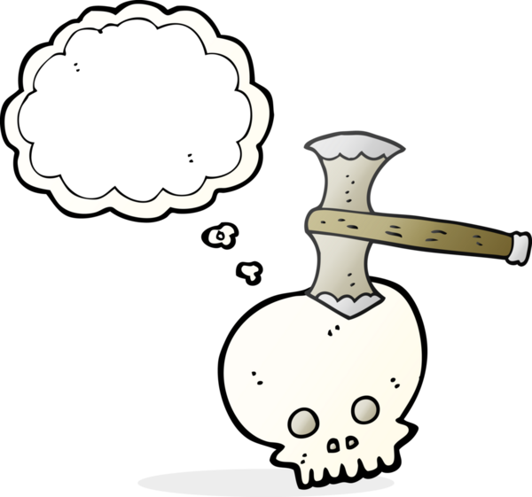 Bir insan tarafından kafatasında çizilmiş serbest çizim baloncuklu balta