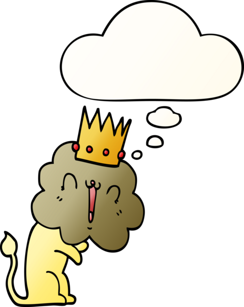 Düşünce baloncuğu ile taçlı çizgi film aslanı bir insan tarafından çizilmiş.