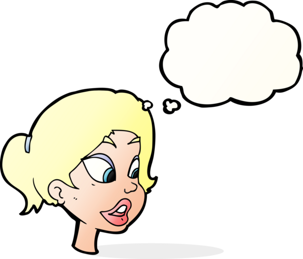 Bir insan tarafından çizilmiş düşünce baloncuğu olan çizgi film dostu kadın.