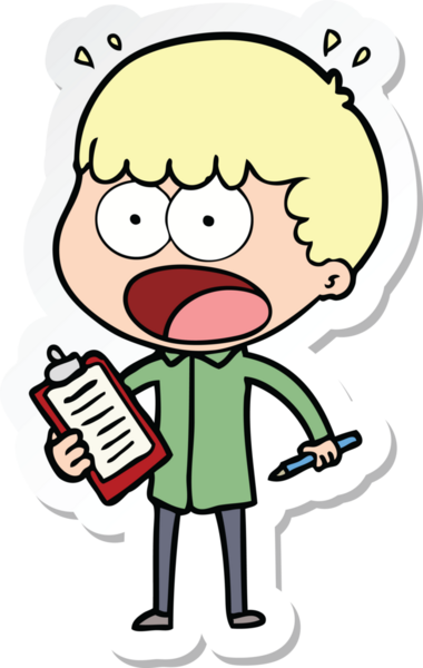 Bir karikatür çıkartması. Bir insan tarafından çizilmiş pano ve kalemle şok olmuş bir adam.