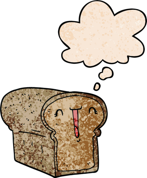Bir insan tarafından çizilmiş grunge desenli düşünce baloncuklu tatlı bir ekmek karikatürü.