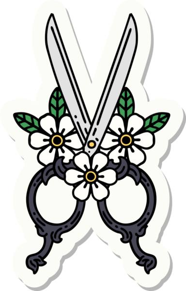 Bir insan tarafından çizilmiş geleneksel makas ve çiçek stili dövme çıkartması.