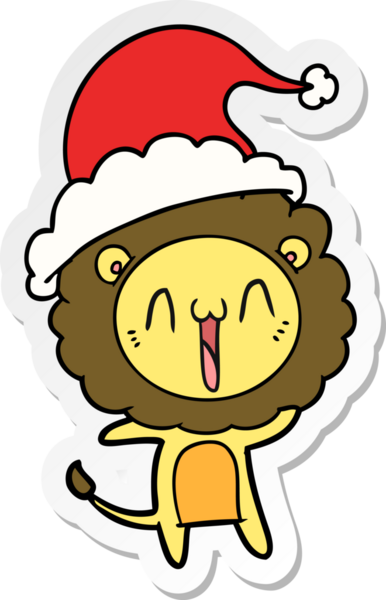 Bir insan tarafından çizilmiş Noel Baba şapkası giymiş bir aslanın mutlu el çizimi karikatürü.