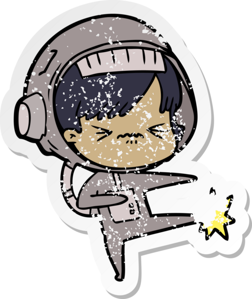 Bir insan tarafından çizilmiş ayak parmağı olan kızgın bir uzay kızının sıkıntılı çıkartması.