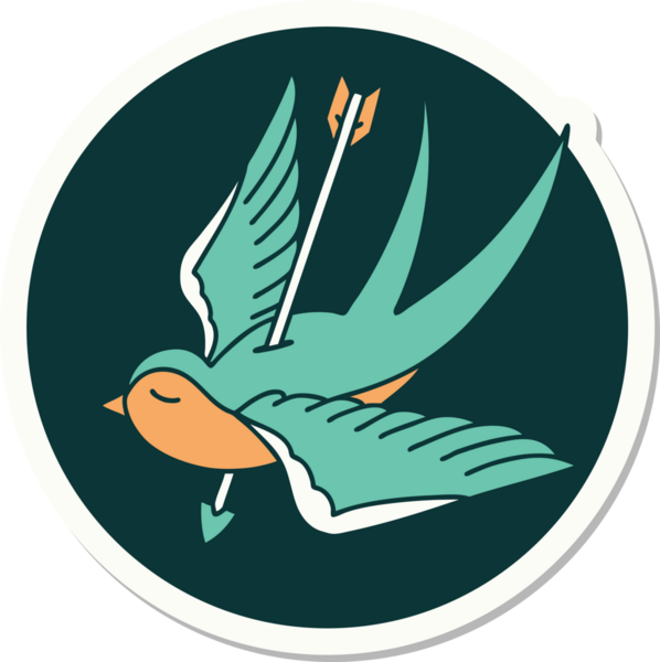 Geleneksel kırlangıç stili dövme çıkartması. Bir insan tarafından çizilmiş ok ile.