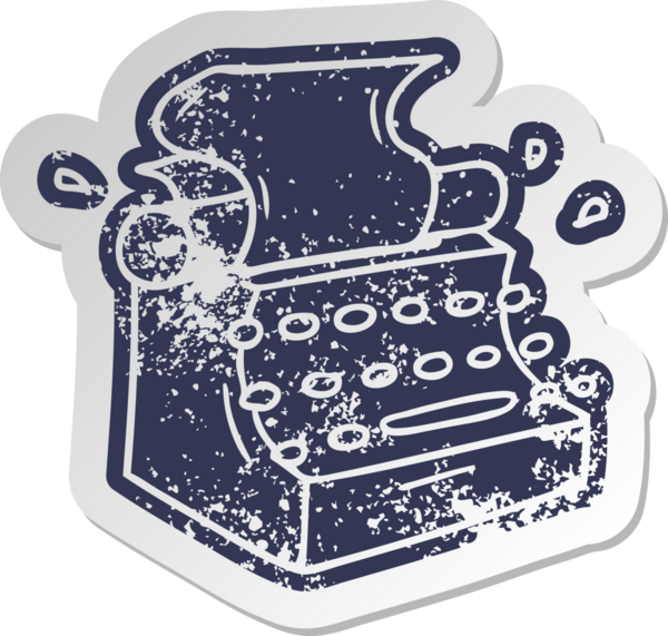 Bir insan tarafından çizilmiş eski moda daktilonun sıkıntılı eski karikatür çıkartması