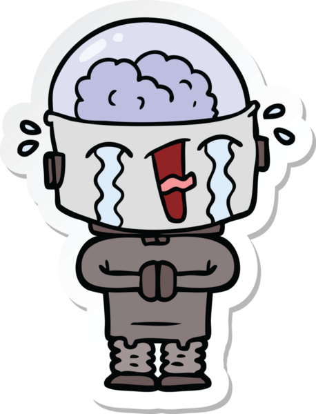 Bir insan tarafından çizilmiş ağlayan bir robot çıkartması.