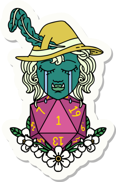 Hüzünlü bir yarım ork ozan karakterinin çıkartması. Bir insan tarafından çizilmiş doğal bir d20 rulo.