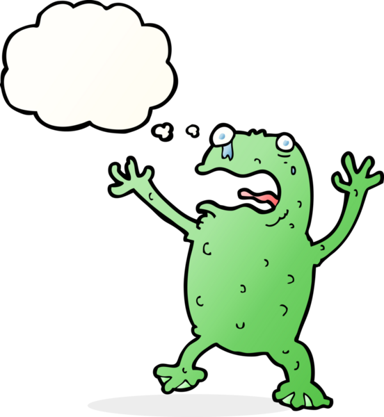 Bir insan tarafından çizilmiş düşünce balonlu ürkek bir kurbağa.