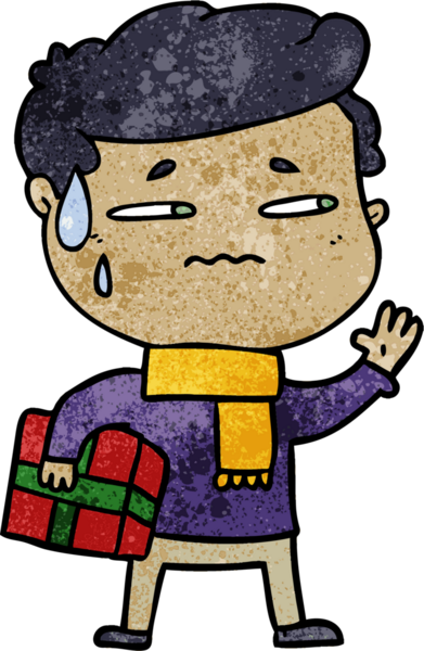 Bir insan tarafından çizilmiş Noel hediyeli endişeli bir adam.