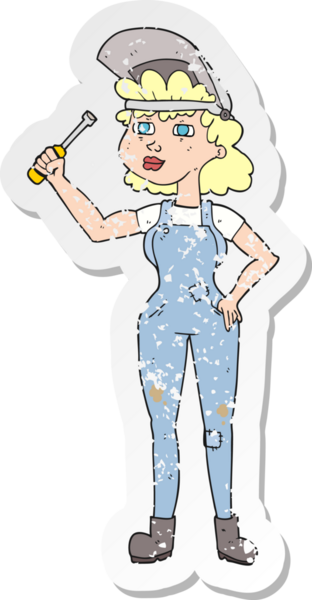 Bir insan tarafından çizilmiş kadın bir karikatür tamircisinin gerilimli yapıştırması.