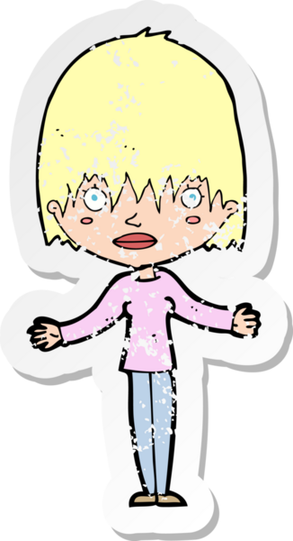 Bir insan tarafından çizilmiş omuzlarını silken karikatürlü bir kadının gerilmiş çıkartması.