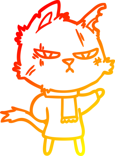 Kışın bir insan tarafından çizilen eşarplı sert bir karikatür kedisinin sıcak çizgi çizimi