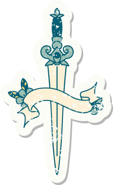 Bir insan tarafından çizilmiş bir hançerin bayrağı olan eski bir etiket.