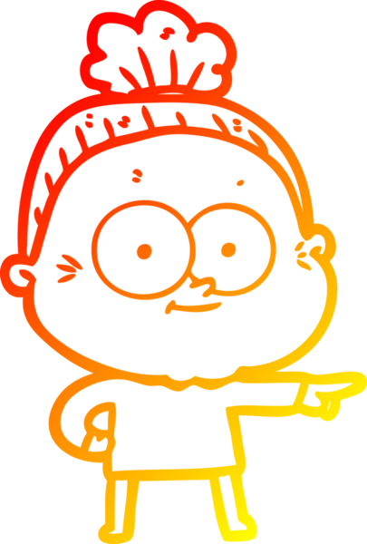 Bir insan tarafından çizilmiş mutlu, yaşlı bir kadının sıcak çizgi çizimi.