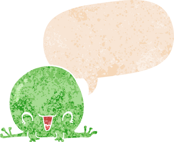 grunge 'da konuşma baloncuğu olan karikatür kurbağası bir insan tarafından çizilmiş dertli retro stil.