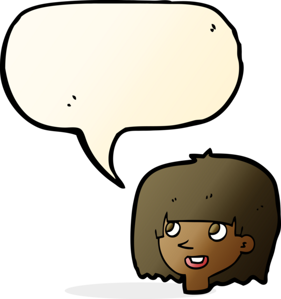 Bir insan tarafından çizilmiş konuşma balonlu mutlu kadın yüzü.