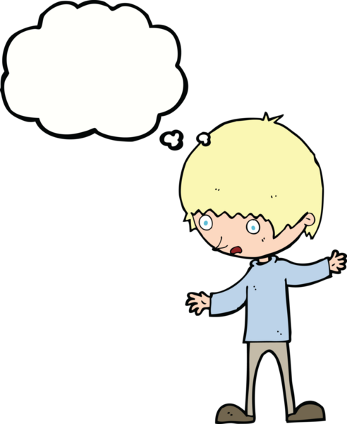 Bir insan tarafından çizilmiş düşünce baloncuğuyla kollarını açmış çizgi film çocuğu.