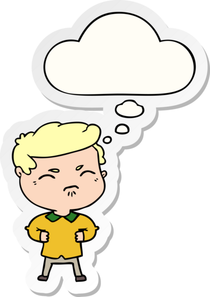İnsan tarafından çizilmiş bir çıkartma gibi düşünce baloncuğu olan karikatür rahatsız bir adam.