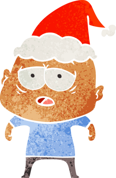 Bir insan tarafından çizilmiş Noel Baba şapkası giymiş yorgun kel bir adamın el çizimi karikatürü.