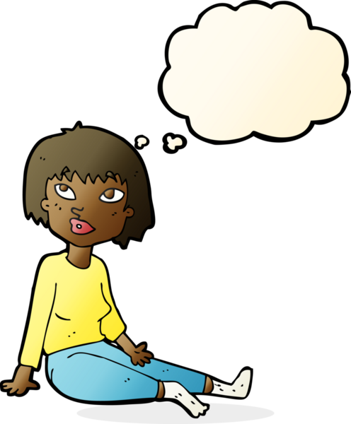 Bir insan tarafından çizilmiş düşünce baloncuğuyla yerde oturan bir karikatür kadın.