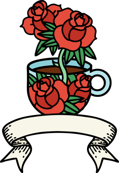 Geleneksel dövmeli bir kupa ve bir insan tarafından çizilmiş çiçekler.