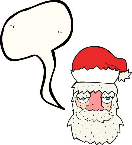Serbest konuşma balonu karikatürü. Bir insan tarafından çizilmiş yorgun Noel Baba yüzü.