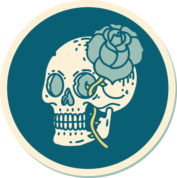 Geleneksel kafatası stili dövme çıkartması ve bir insan tarafından çizilmiş gül.