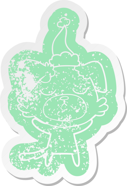 Bir insan tarafından çizilmiş Noel Baba şapkası takan bir köpeğin garip bir karikatürü.