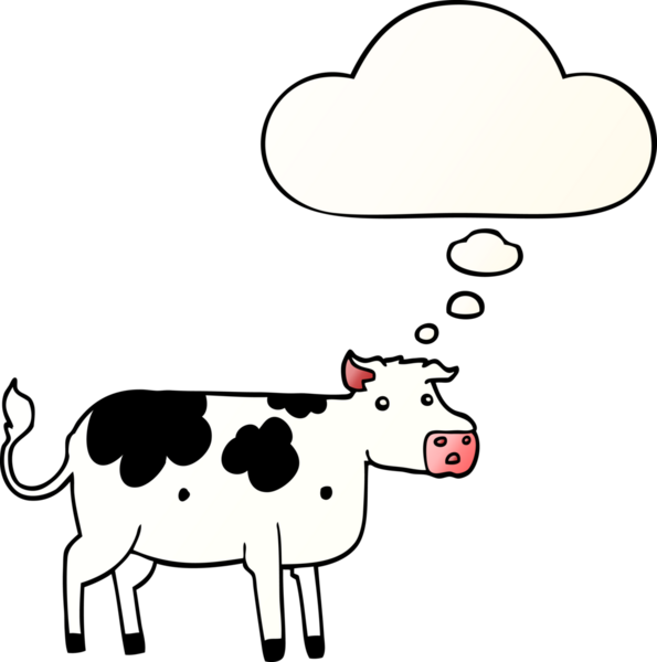 Bir insan tarafından çizilmiş yumuşak eğimli düşünce baloncuklu çizgi film ineği.