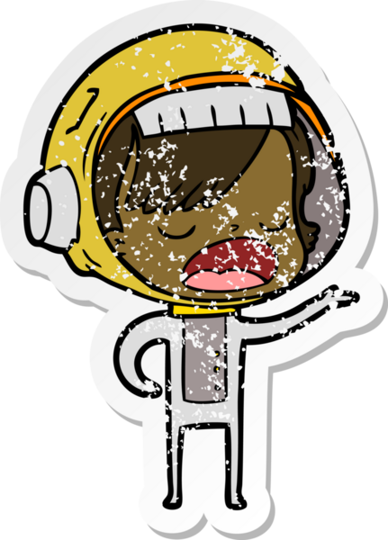 Bir astronot kadının insan tarafından çizildiğini açıklayan bir karikatür çıkartması.