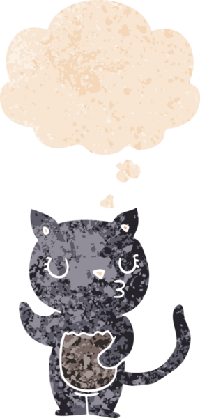 Düşünce baloncuklu sevimli çizgi film kedisi grunge sıkıntılı retro desen bir insan tarafından çizilmiş