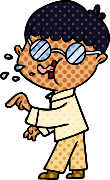 Gözlük takan çizgi film çocuğu bir insan tarafından çizildi.